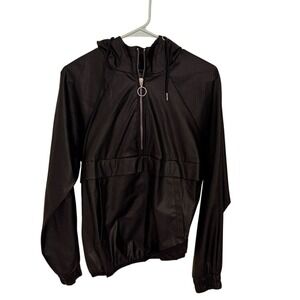 Black Perforated Half Zip Windbreaker Hooded Pullover Jacket Ring Pull